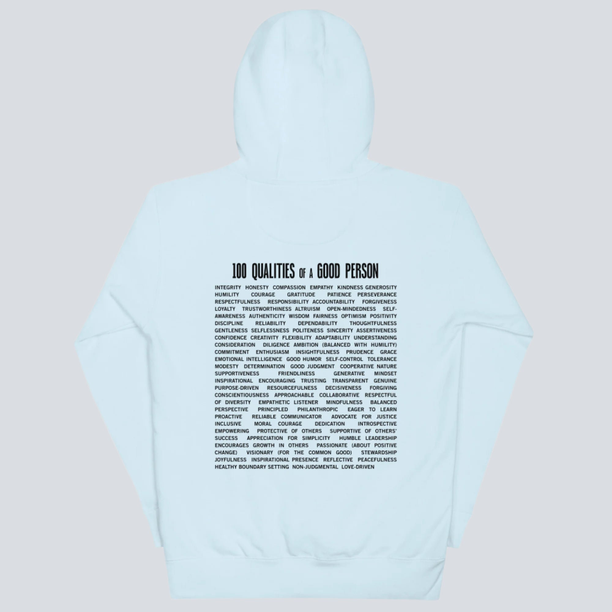 100 Qualities of a Good Person (Back Print) Hoodie sky blue back