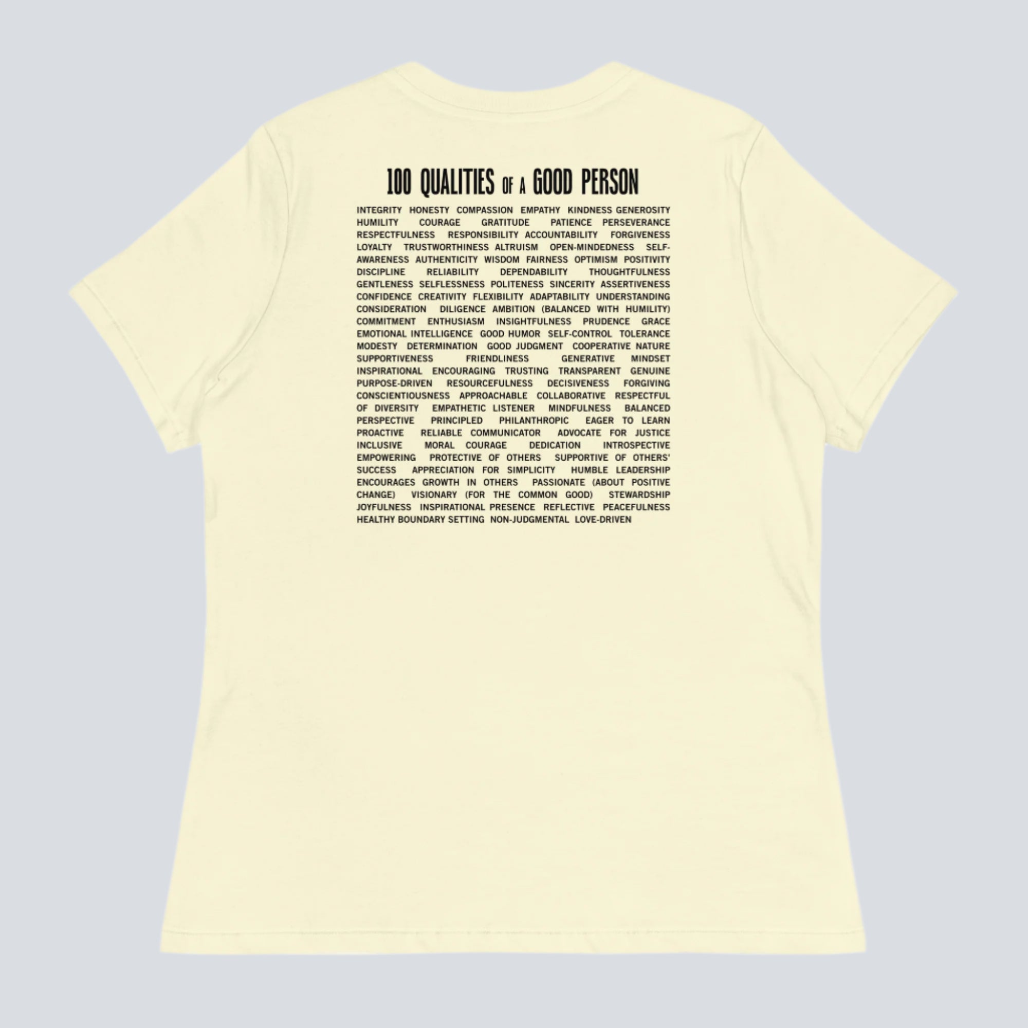 100 Qualities of a Good Person Womens T-Shirt citron back
