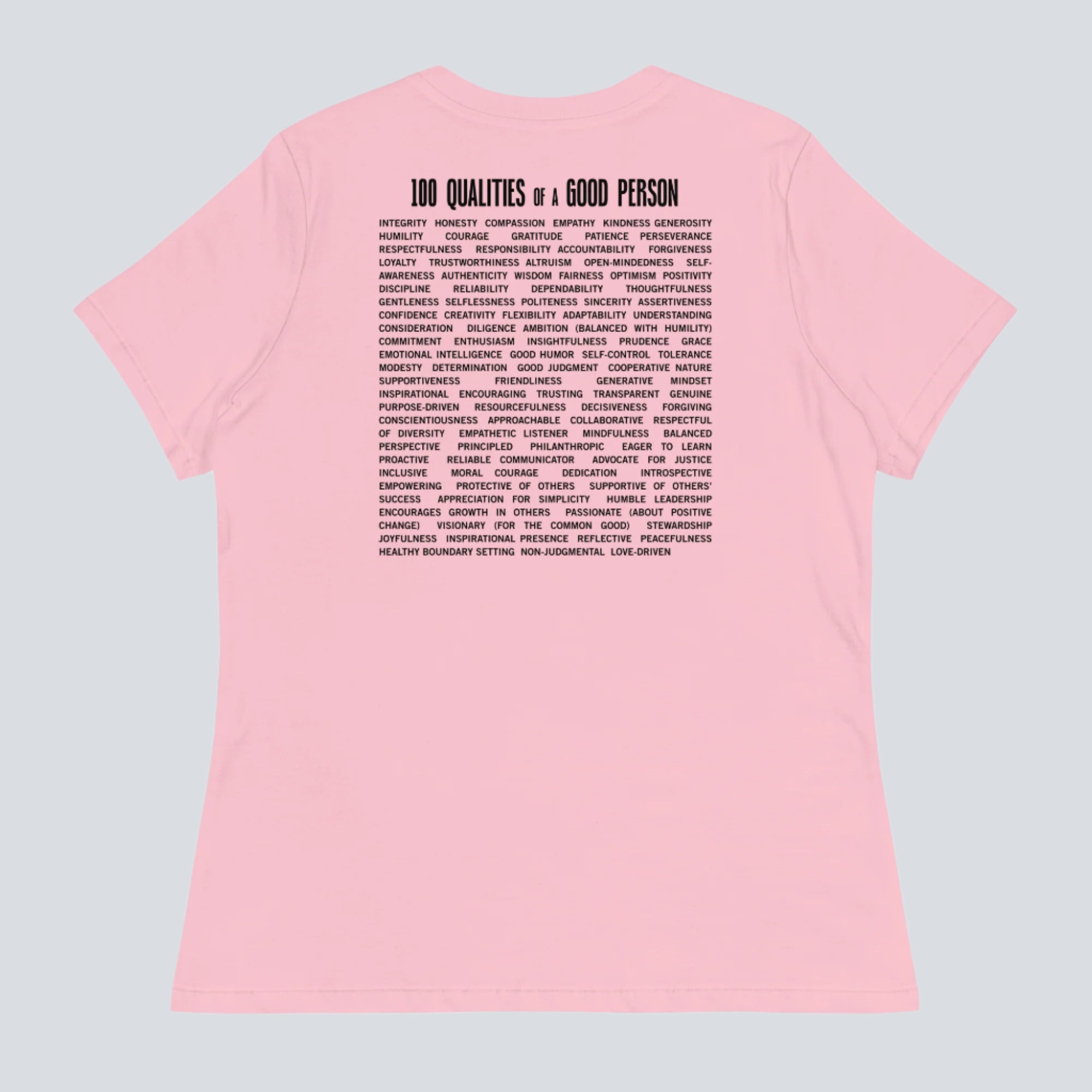 100 Qualities of a Good Person Womens T-Shirt pink back