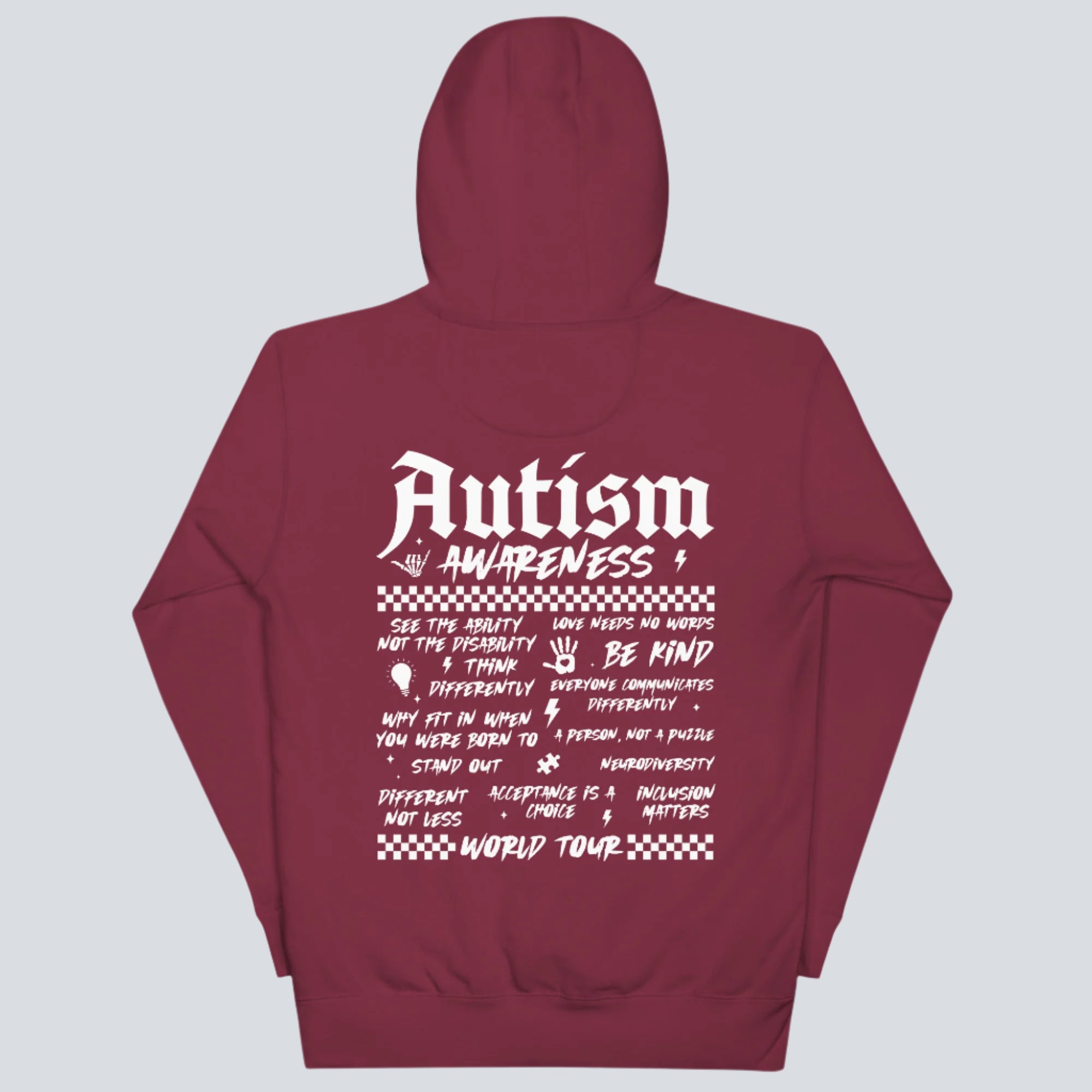 Autism Awareness World Tour Back Print Hoodie maroon back