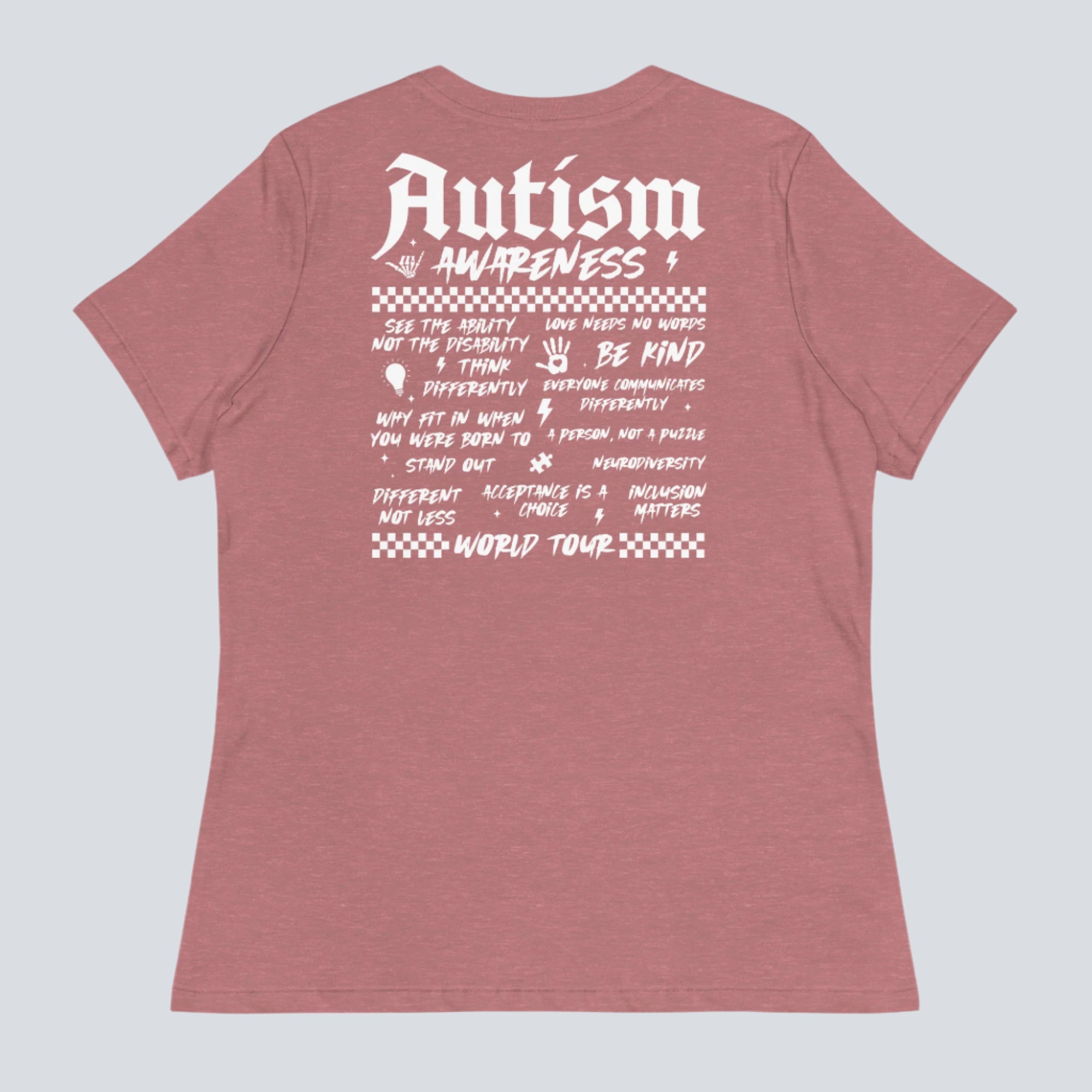 Autism Awareness World Tour Womens T-Shirt mauve back