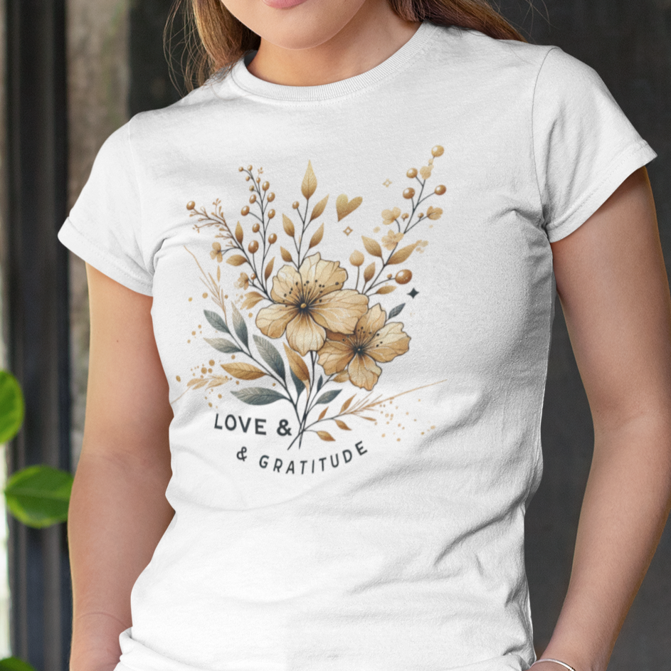 Love & Gratitude (Gold Flowers) Womens T-Shirt