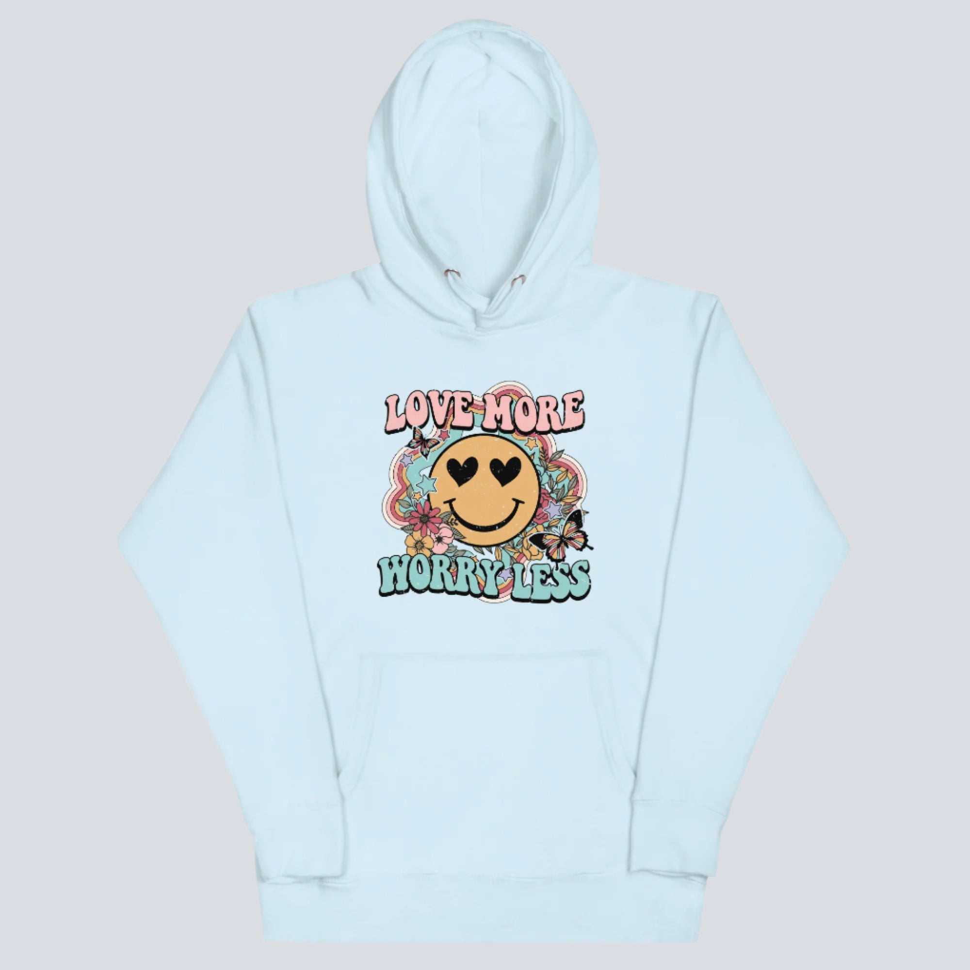 Love More Worry Less (Smiley Face) Hoodie sky blue