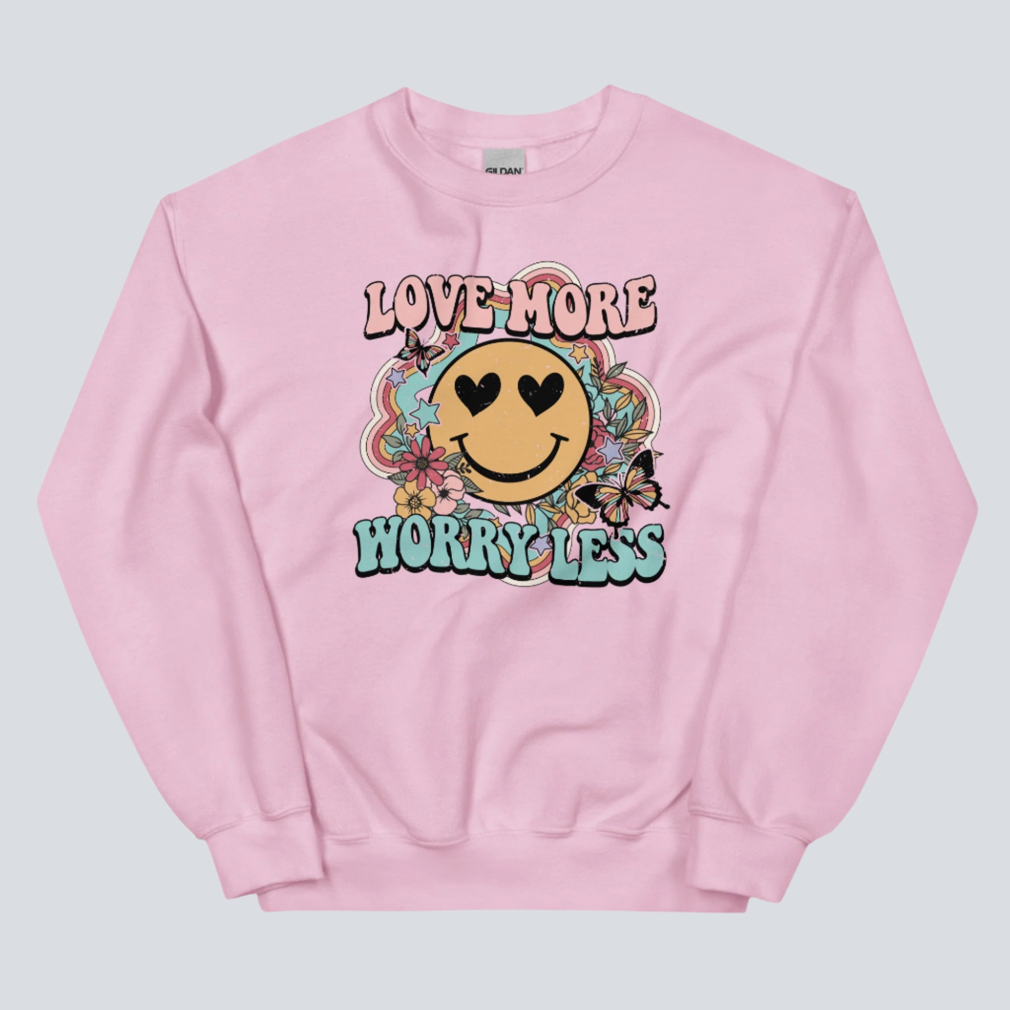 Love More Worry Less (Smiley Face) Sweatshirt light pink