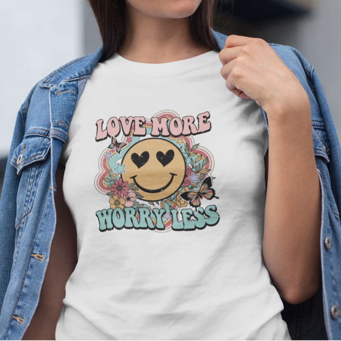 Love More Worry Less (Smiley Face) Womens T-Shirt
