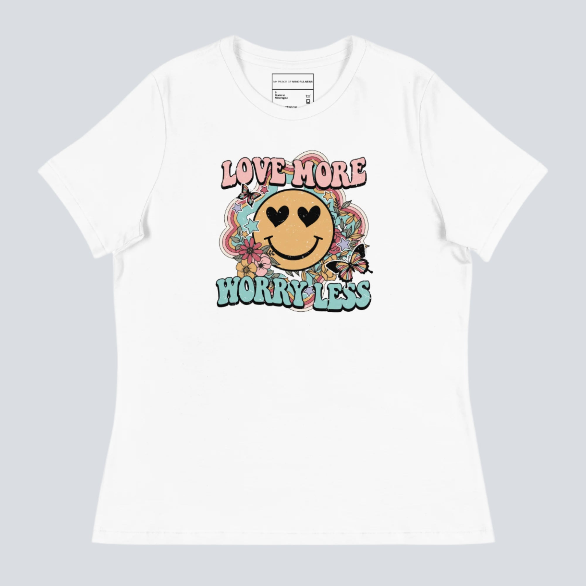 Love More Worry Less (Smiley Face) Womens T-Shirt white